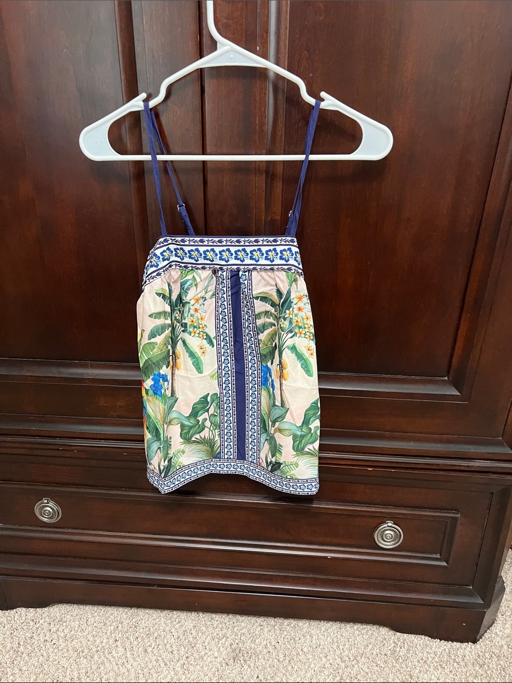 Tropical Print Spaghetti Strap Tank Top - Blue & Green